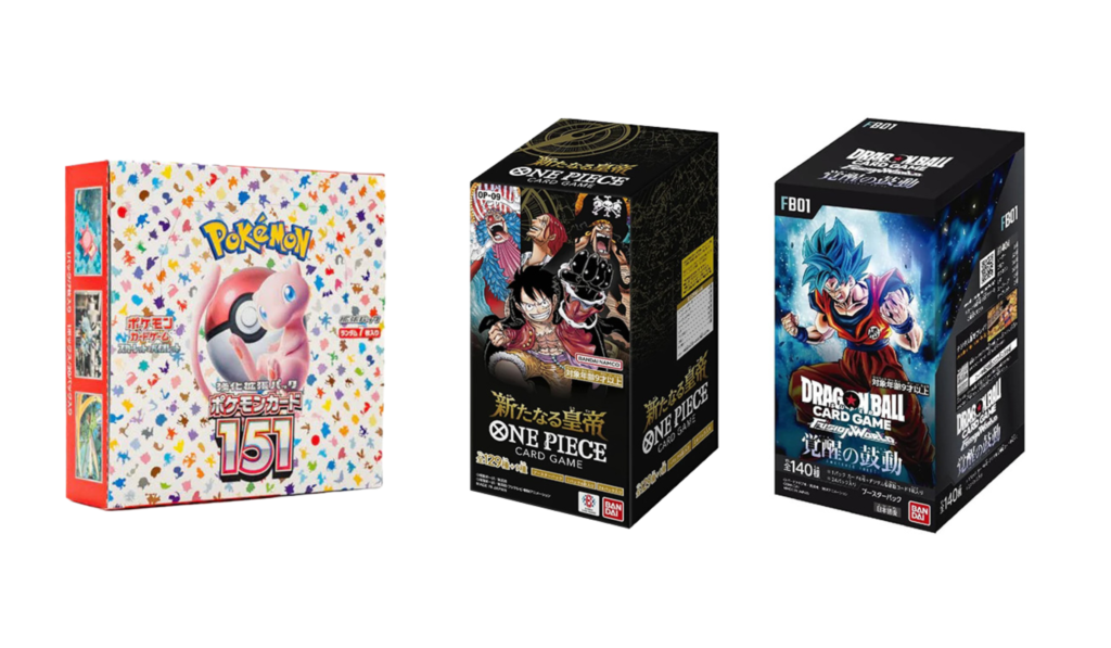booster boxes of pokemon, one piece and dragon ball